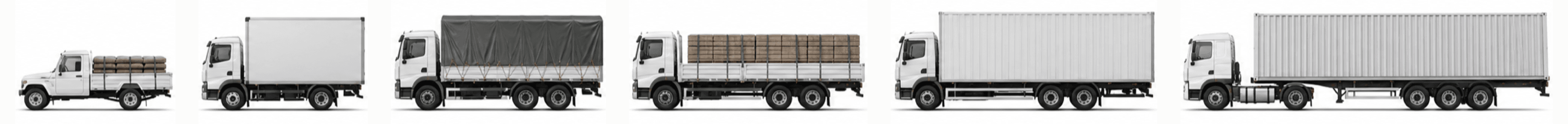 Six goods vehicles side-on, ordered shortest to longest: an open pickup carrying strapped drums, a short closed box truck, a truck sheeted under a grey tarpaulin with rope lashings, an open flatbed stacked with timber crates, a long closed container body, and an articulated container trailer, the longest in the line.